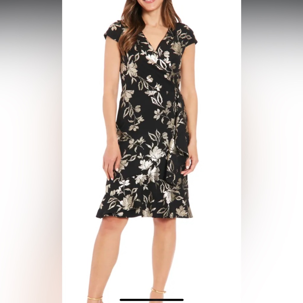 Floral Wrap-Style Black Dress with Metallic Floral Print